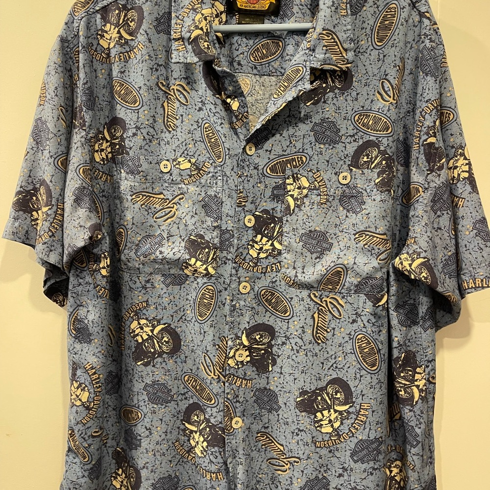 Vintage Harley-Davidson Blue and Yellow Casual Button Down Shirt